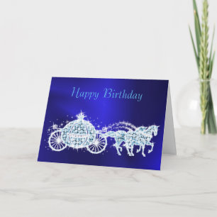 Glitzy Princess Blue Coach & Horses Birthday Kort