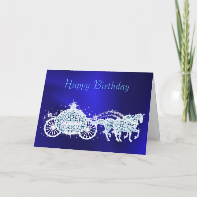 Glitzy Princess Blue Coach & Horses Birthday Kort (Framsida)