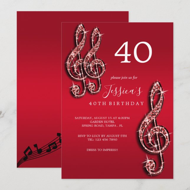 Glitzy Red Musik noter Birthday Inbjudningar (Fram/baksida)