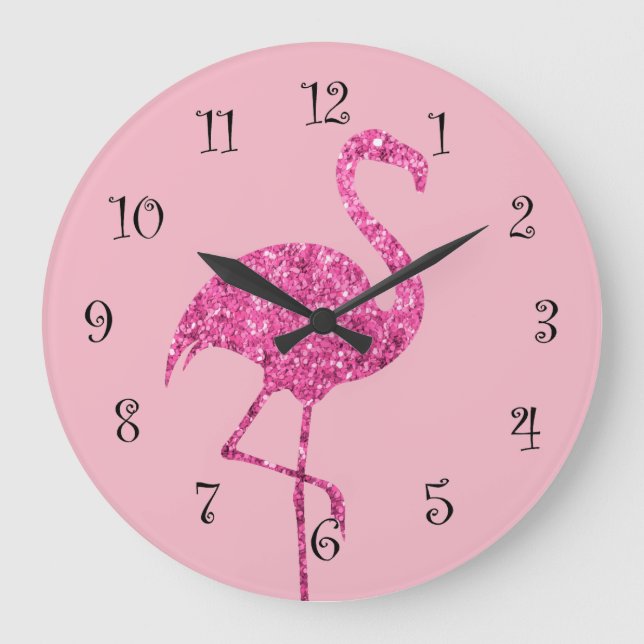 Glitzy Rosa Flamingo Wall Decor Stor Klocka (Framsida)