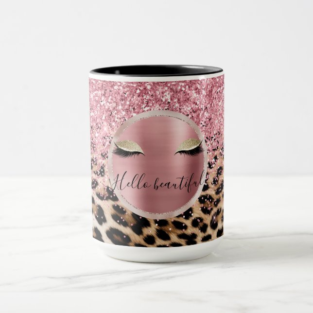 Glitzy Rosa Glitter Guld Eyelaskleopard Mugg (Center)
