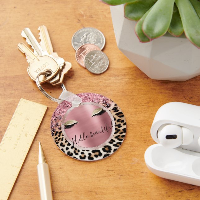 Glitzy Rosa Glitter Guld Eyelaskleopard Nyckelring (Skrivbord)
