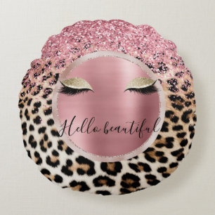 Glitzy Rosa Glitter Guld Eyelaskleopard Rund Kudde