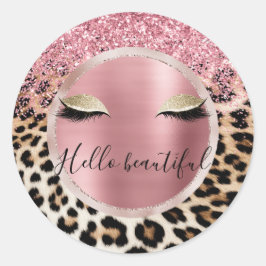 Glitzy Rosa Glitter Guld Eyelaskleopard Runt Klistermärke