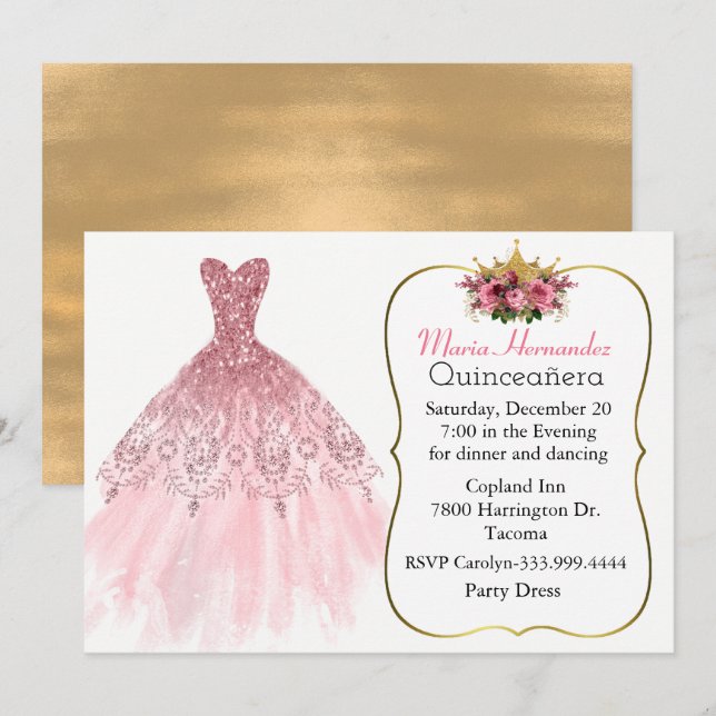 Glitzy Rosa Gown Quinceañera-inbjudan Inbjudningar (Fram/baksida)