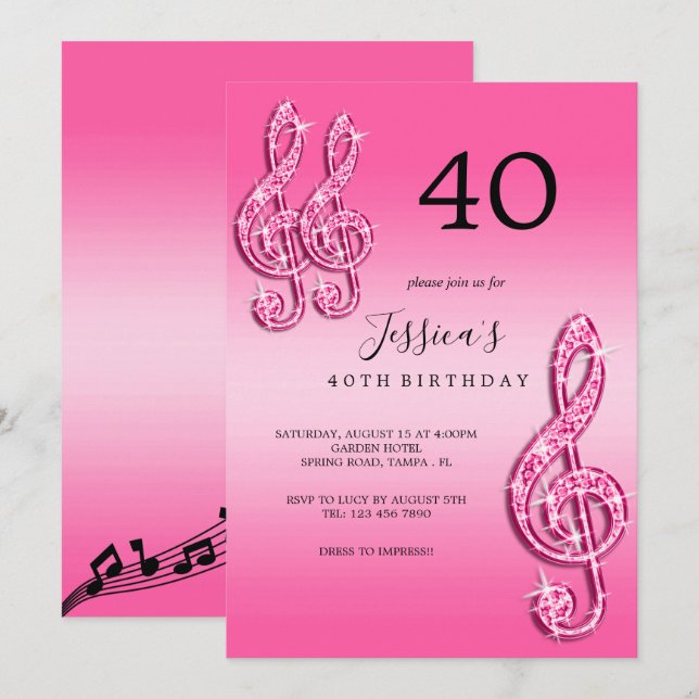 Glitzy Rosa Musik noter Birthday Inbjudningar (Fram/baksida)