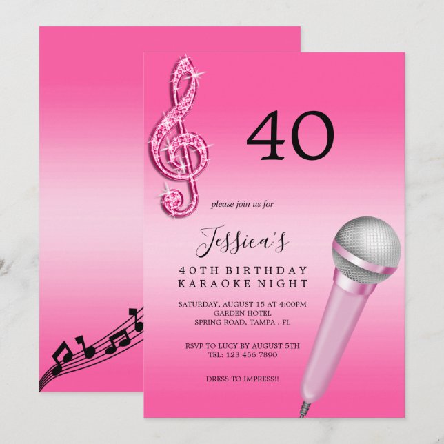 Glitzy Rosa Musik noter & Micro Karaoke Birthday Inbjudningar (Fram/baksida)