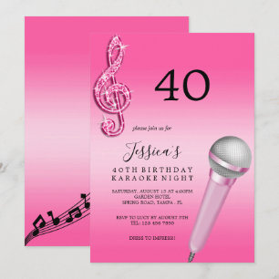 Glitzy Rosa Musik noter & Micro Karaoke Birthday Inbjudningar