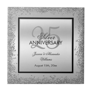 Glitzy Silver & Black 25-års bröllopsjubileum Kakelplatta