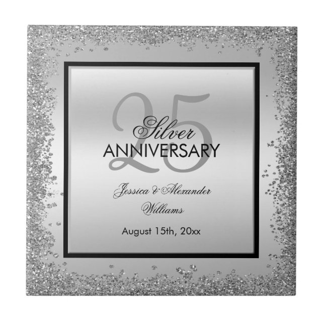 Glitzy Silver & Black 25-års bröllopsjubileum   Kakelplatta (Framsidan)