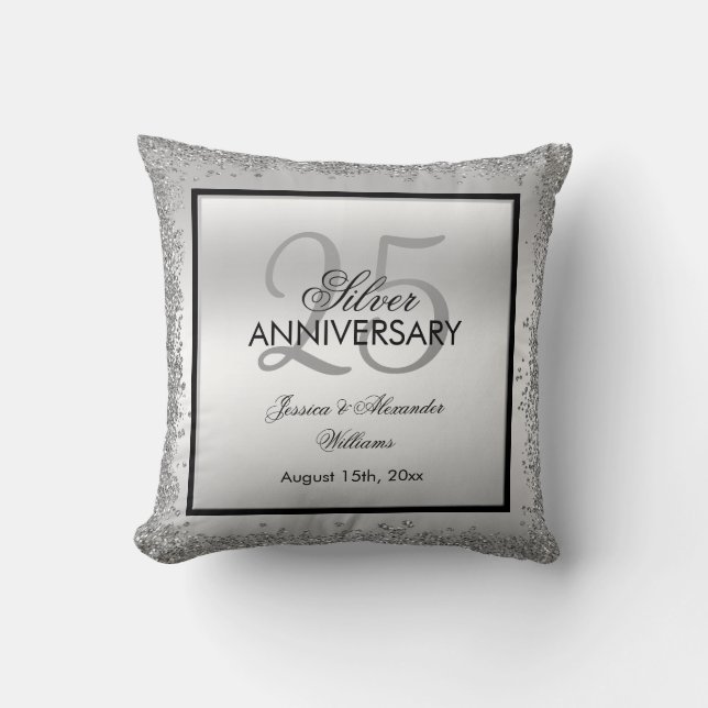 Glitzy Silver & Black 25:e Bröllop-årsdagen  Kudde (Framsida)