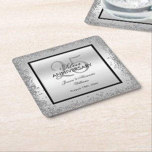 Glitzy Silver & Black 25:e Bröllop-årsdagen Underlägg Papper Kvadrat