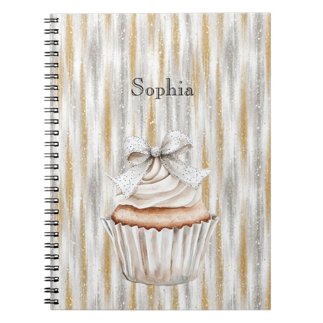 Glitzy Silver Gold Stripes White Cupcake Bow   Anteckningsbok (Framsidan)