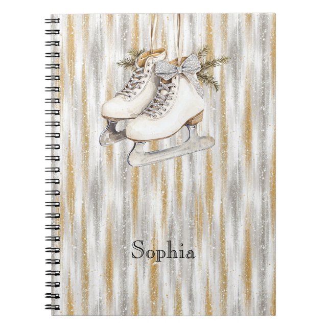 Glitzy Silver Gold Stripes White Ice Skate Anteckningsbok (Framsidan)