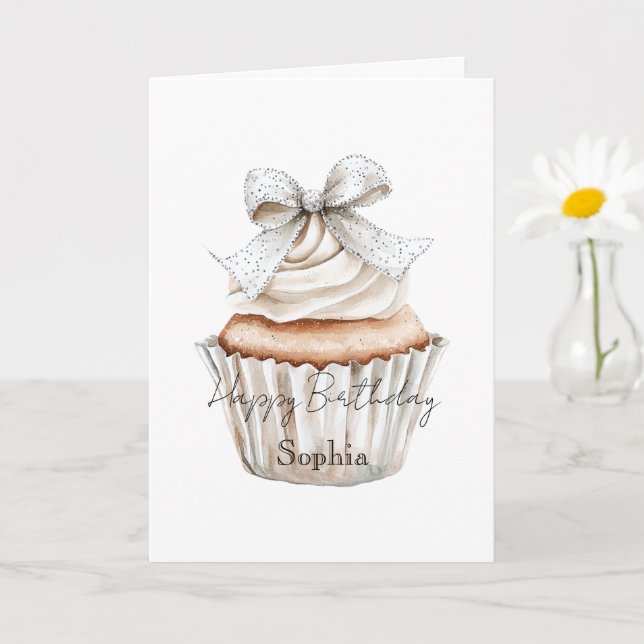 Glitzy Silver Vita Cupcakes med släta födelsedag Kort (Liten växt)