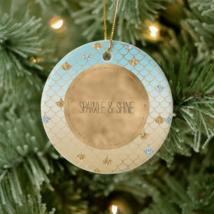 Glitzy Sjöjungfru Blue Guld Gnistra Glitter Ombre Julgransprydnad Keramik