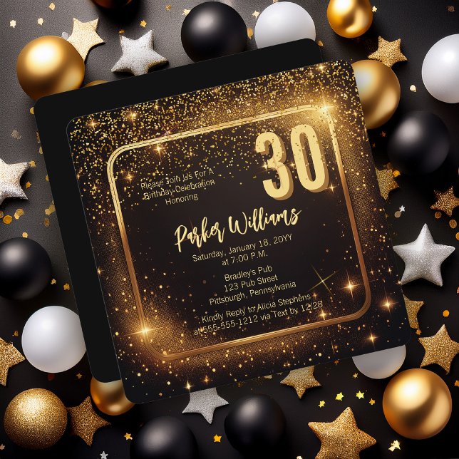 Glitzy Sparkles | Stars Gold 30th Birthday Party Inbjudningar (Glitzy Sparkles Black and Gold Tone Modern Elegant 30th Birthday Party Square Invitation )