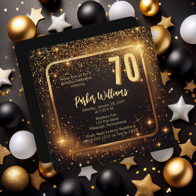 Glitzy Sparkles | Stars Gold 70th Birthday Party Inbjudningar (Glitzy Sparkles Black and Gold Tone Modern Elegant 70th Birthday Party Square Invitation )