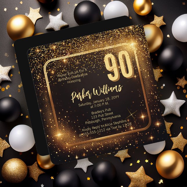Glitzy Sparkles | Stars Gold 90th Birthday Party Inbjudningar (Glitzy Sparkles Black and Gold Tone Modern Elegant 90th Birthday Party Square Invitation )