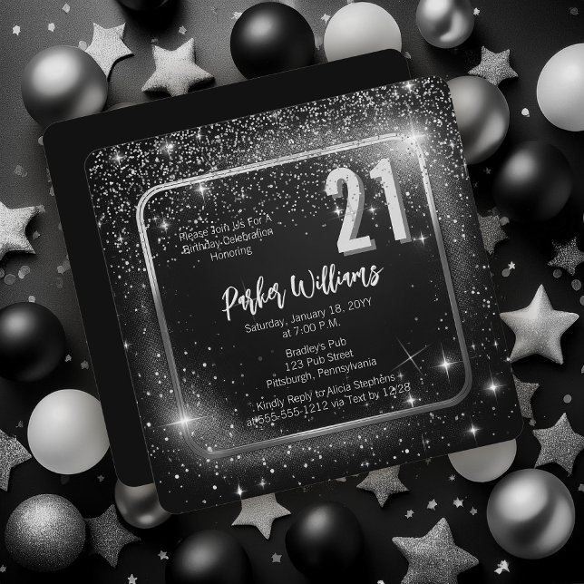 Glitzy Sparkles | Stars Silver 21st Birthday Party Inbjudningar (Glitzy Sparkles Black and Silver Tone Modern Elegant 21st Birthday Party Square Invitation )