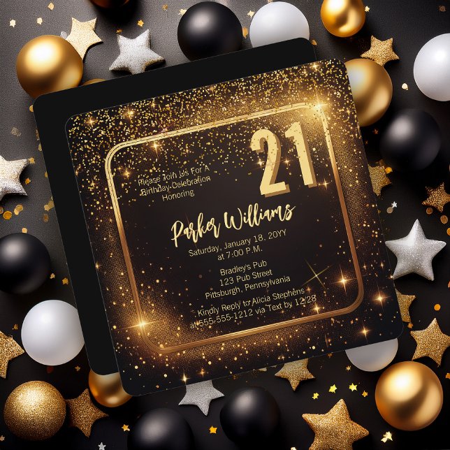 Glitzy Sparkles | Stjärnor Guld 21-årsfest Inbjudningar (Glitzy Sparkles Black and Gold Tone Modern Elegant 21st Birthday Party Square Invitation )