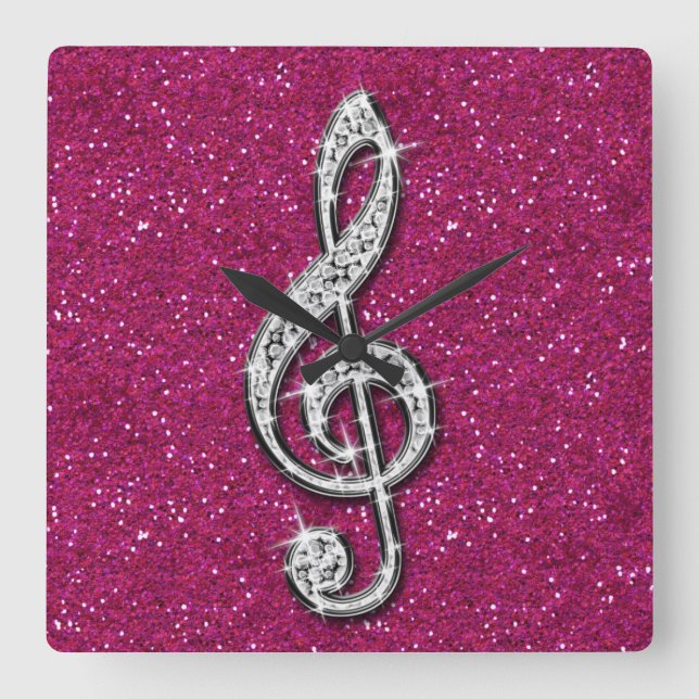 Glitzy Sparkly Diamond Music Note Fyrkantig Klocka (Framsida)