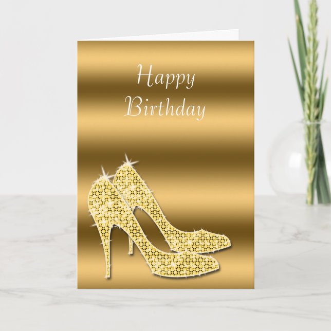 Glitzy Sparkly Guld Stiletto Shoes Birthday Kort (Framsida)