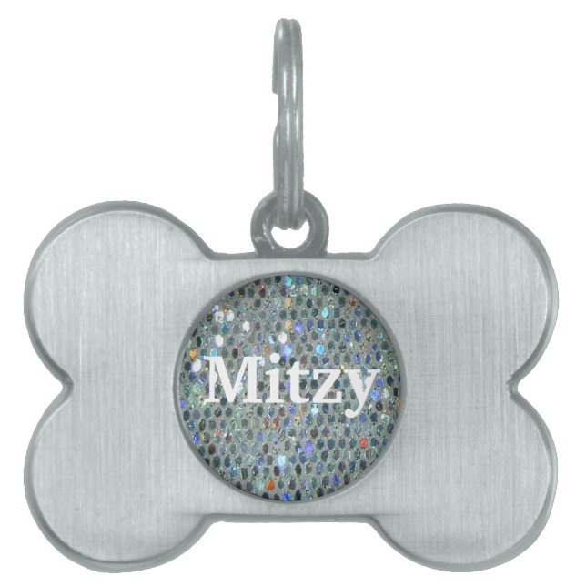 Glitzy Sparkly Silver Glitter Bling ID-bricka Husdjur (Framsidan)