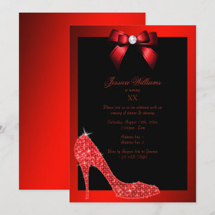 Glitzy Sparkly Stiletto, Red Bow Födelsedagsfest Inbjudningar