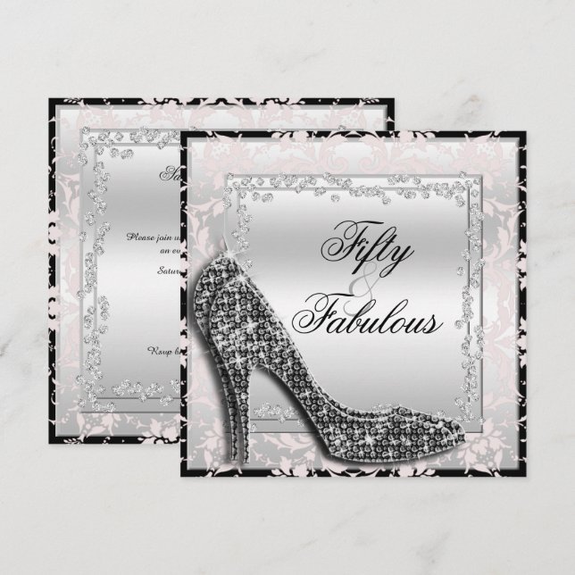 Glitzy Stilettos, Diamonds & Damask Fabulous 50 Inbjudningar (Fram/baksida)