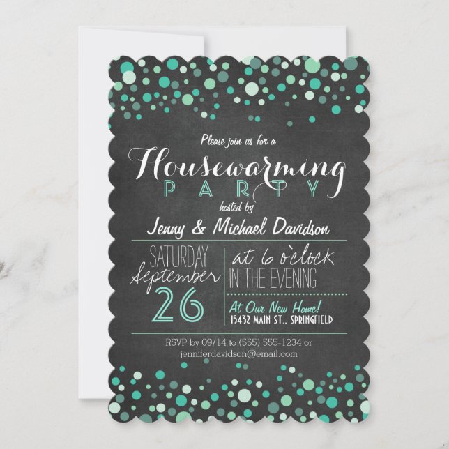 Glitzy Teal Grönt Chalkboard Houseuppvärmning Part Inbjudningar (Framsida)