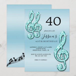 Glitzy Teal Musik noter Birthday Inbjudningar