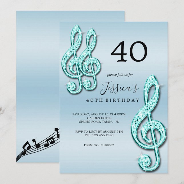 Glitzy Teal Musik noter Birthday Inbjudningar (Fram/baksida)