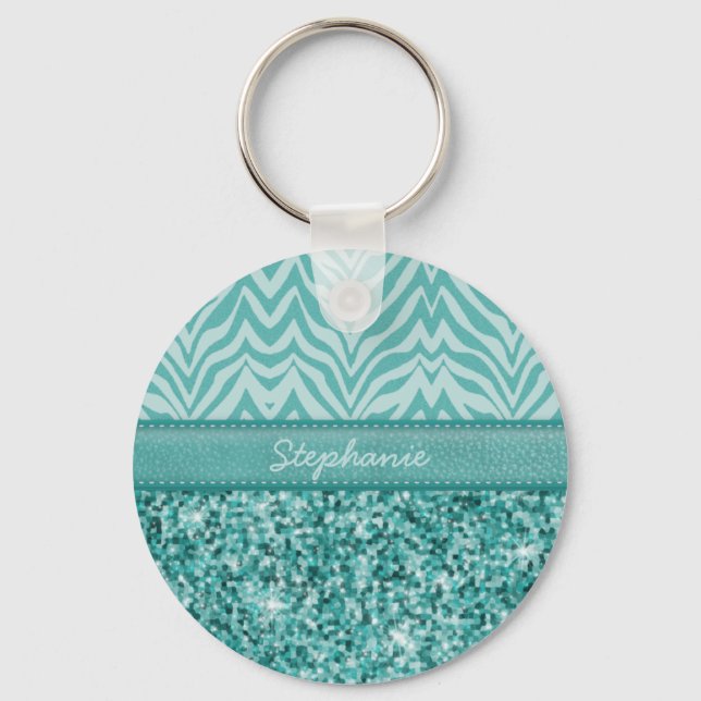 Glitzy Teal Zebra Nyckelring (Framsida)
