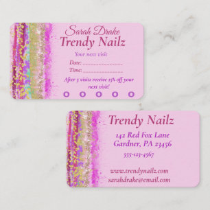 Glitzy Watercolor Rosa Lila Guld Nail Salon Visitkort