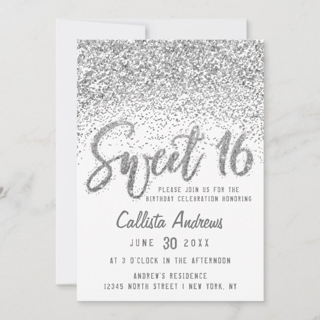 Glitzy White Silver Scattered Glitter Sweet 16 Inbjudningar (Framsida)