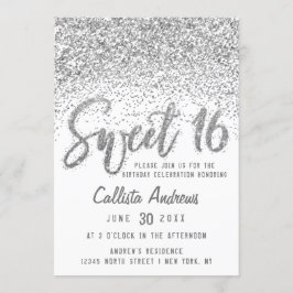 Glitzy White Silver Scattered Glitter Sweet 16 Inbjudningar