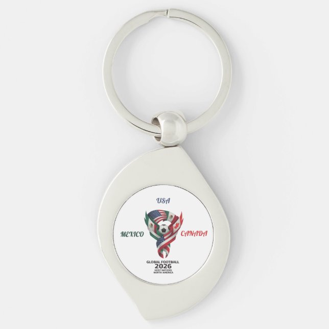 Global Football 2026 Keychain| Mexico USA Canada  Swirl Silverfärgad Nyckelring (Framsidan)