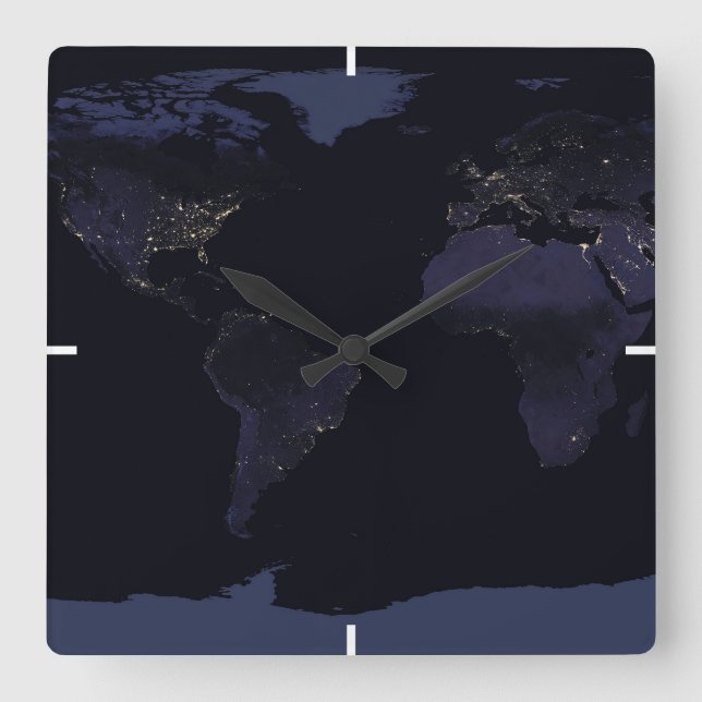 Global Karta Earth's City Ljus på natten. Fyrkantig Klocka (Framsida)