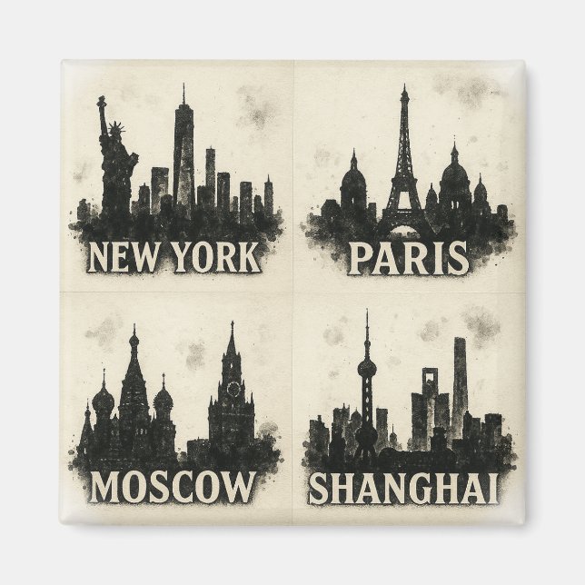Global Skyline Bläck Iconic Monochromatic Cities Magnet (Framsidan)