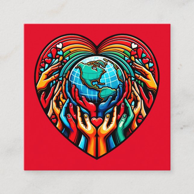 Global Solidarity Emblem Unity Heart Globe Design Fyrkantigt Visitkort (Framsida)