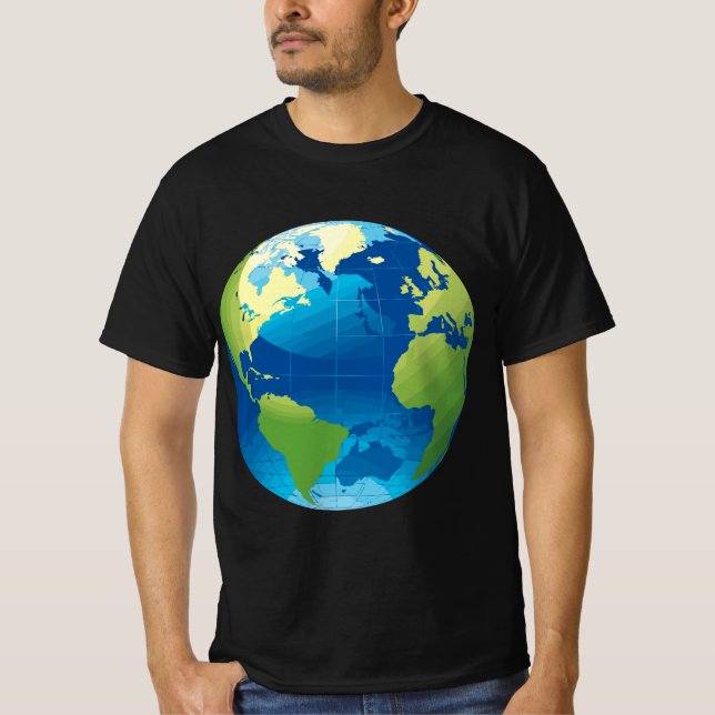 Globe World Map Planet Earth Blue Grönt T Shirt (Framsida)