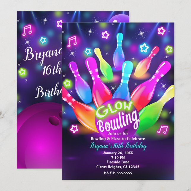 Glöd i Mörk Bowling Bowl Födelsedagsfest Inbjudningar (Fram/baksida)
