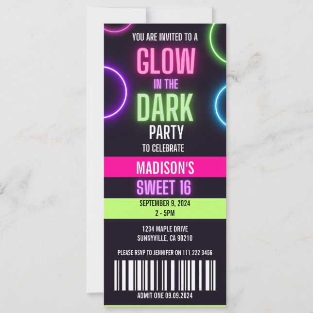 Glöd i Mörk Neon Sweet 16 Party Biljett Inbjudningar (Framsida)
