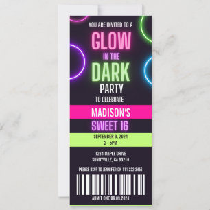 Glöd i Mörk Neon Sweet 16 Party Biljett Inbjudningar