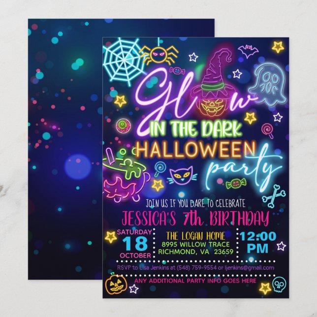 Glöd i Mörken Halloween-födelsedagsinbjudan Inbjudningar (Fram/baksida)