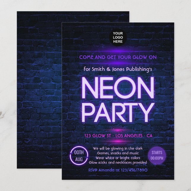 Glöd i Mörken Neon Corporate Party-inbjudan Inbjudningar (Fram/baksida)
