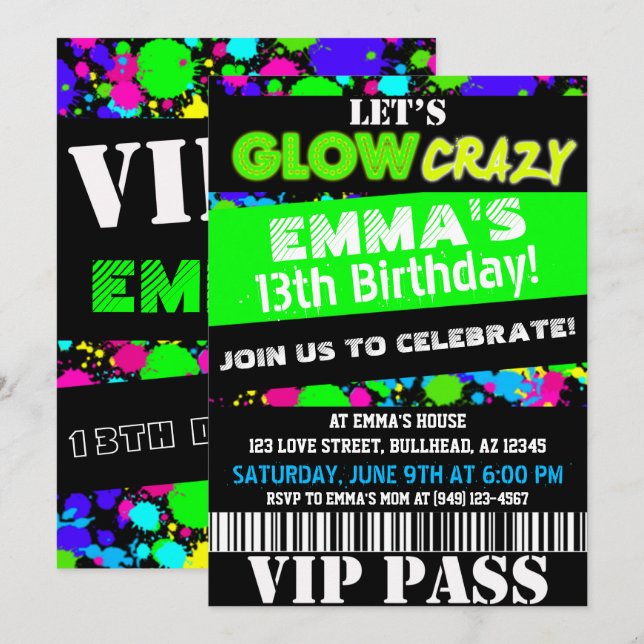 Glöd i Mörken Neon Party VIP Pass Birthday Inbjudningar (Fram/baksida)