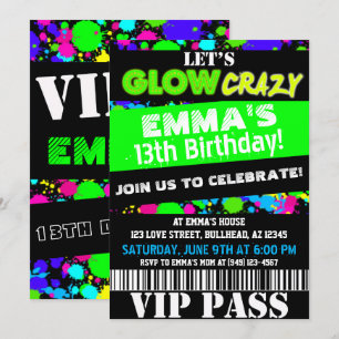 Glöd i Mörken Neon Party VIP Pass Birthday Inbjudningar