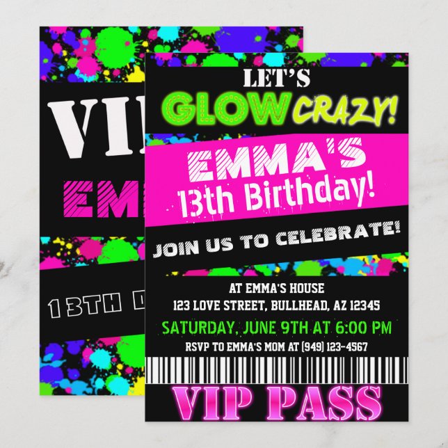 Glöd i Mörken Neon Party VIP Pass Birthday Inbjudningar (Fram/baksida)